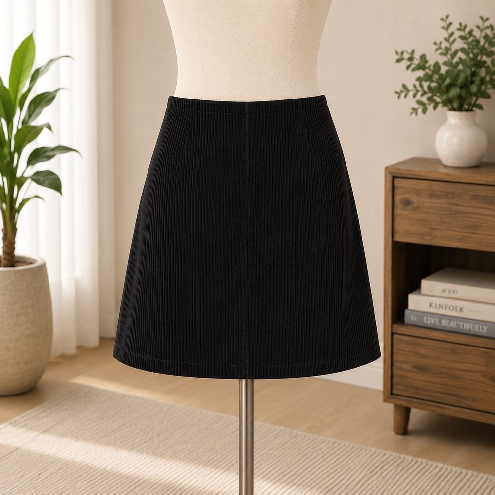 NWT Cupshe Mini Skirt Womens L Black Corduroy Button Front Ribbed A-Line